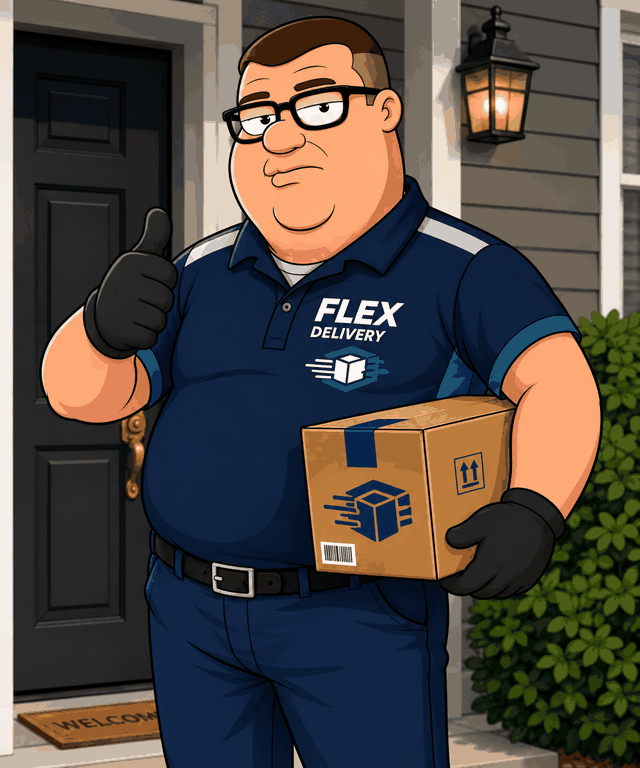 Frank, stocky Flex Delivery driver with black rectangular glasses, navy uniform, and a cardboard package, giving a deadpan thumbs-up on a front porch.